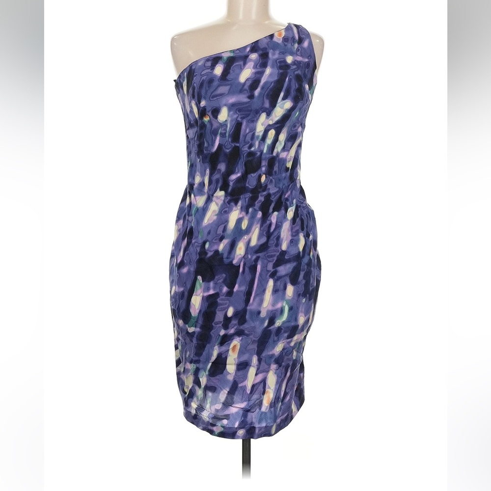 One-Shoulder Purple Abstract Print Dress